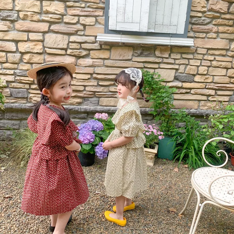 

2021 Summer Children Kids New Retro Ruffled Stitching Dress Girl Print Short Bubble Sleeve Fashion Cotton Princess Dresses