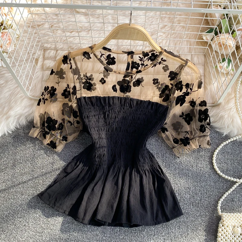 

Блузка женская с коротким рукавом, пикантная сетчатая рубашка с вышивкой, с круглым вырезом, офисная одежда, на лето