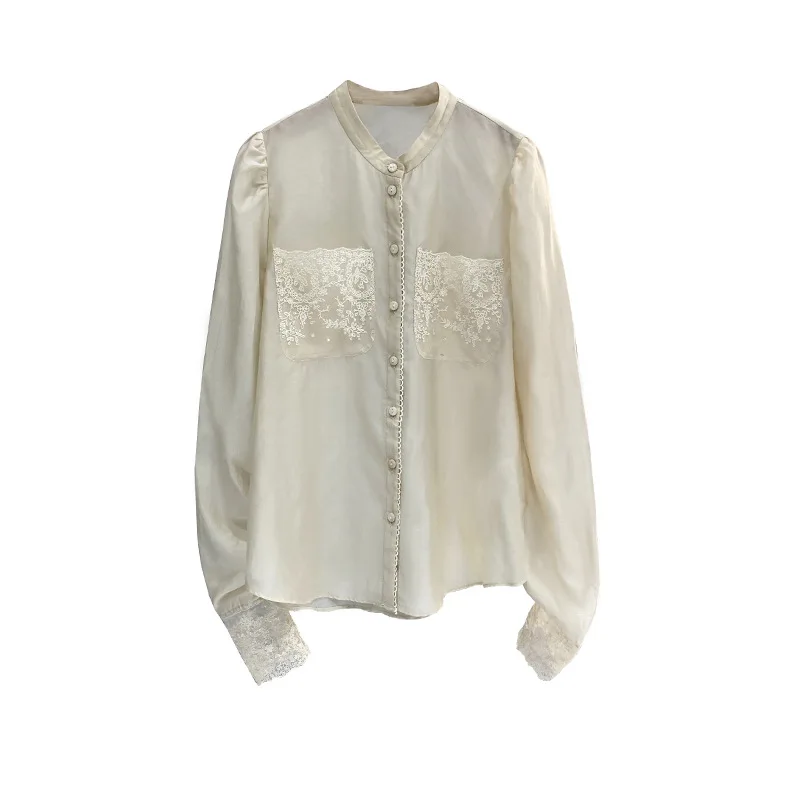

The sense of shen fairy color 2021 early spring new temperament stitching lace embroidery flowers silk long-sleeved shirt women