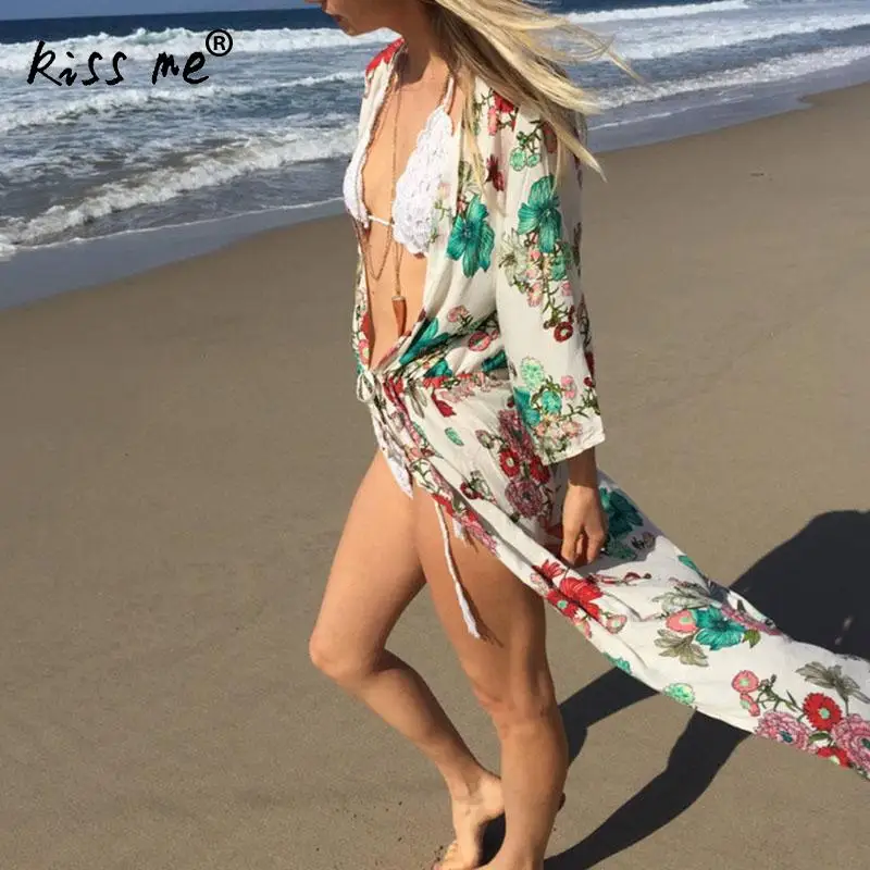 Накидка для плавания с цветочным принтом длинное пляжное платье саронг туника