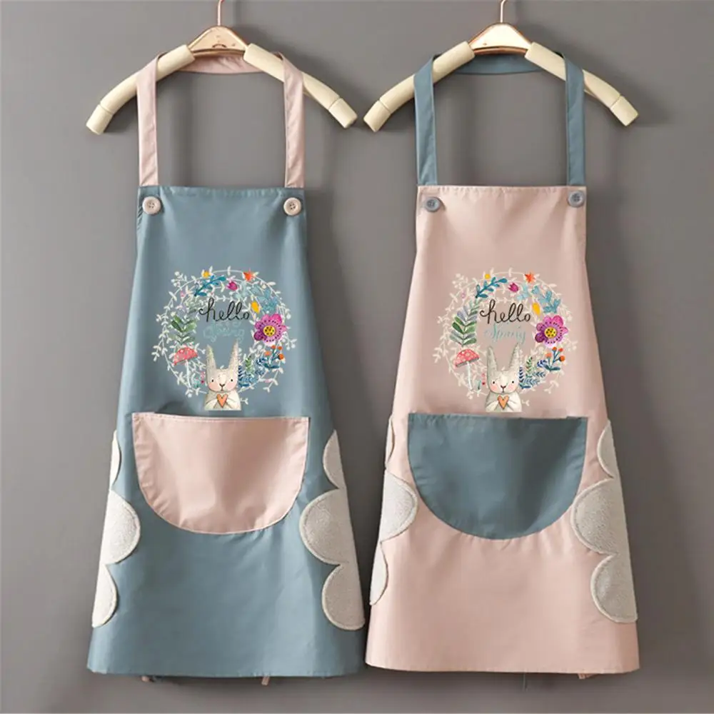 

Cute Cartoon Rabbit Kitchen Apron Side Wipe Hands Waterproof Oxford Cloth Bib Pinafore Pocket For Work Home Cleaning Tool Black