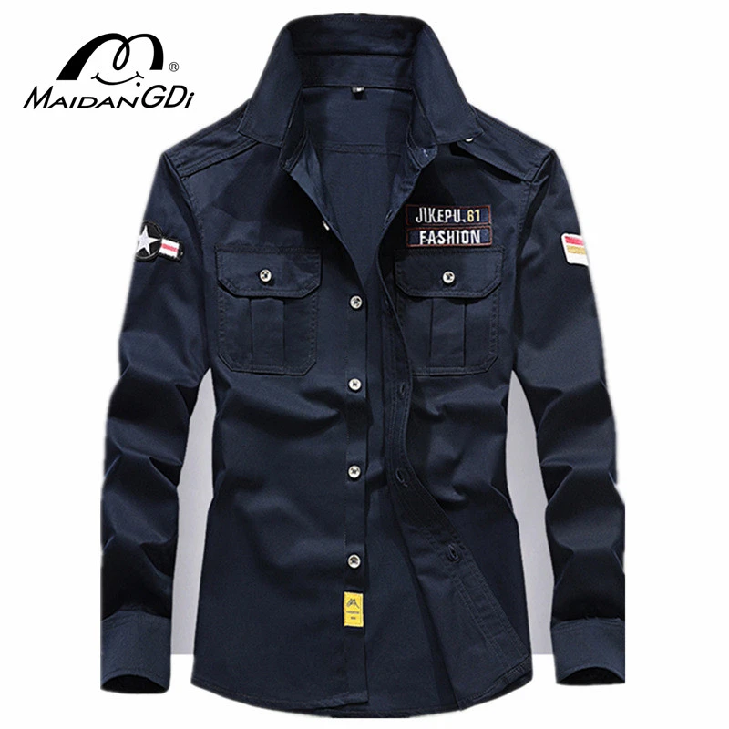 

Мужская рубашка с длинным рукавом MAIDANGDI, Облегающая рубашка из 2021 хлопка в армейском стиле, Молодежная рубашка для отдыха на плече