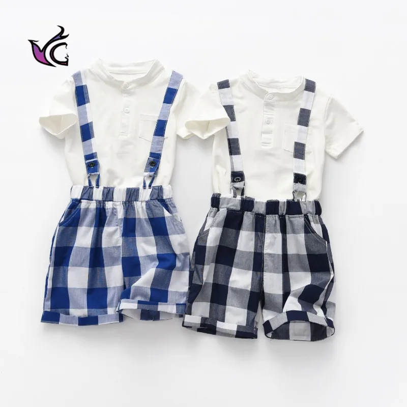 

Брендовая детская одежда Yg, Детский костюм, летние новые хлопковые клетчатые брюки с ремешком + футболка с коротким рукавом для мальчиков, д...