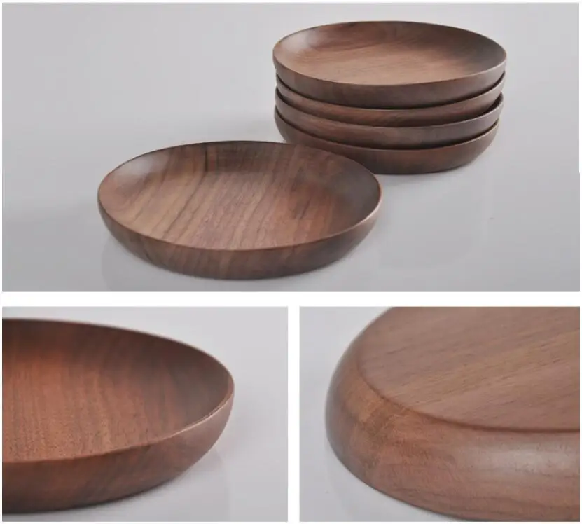 Черный Орех твердой древесины Круглый круглый поднос японский стиль сухофрукты