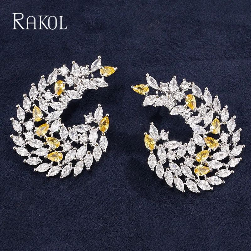 RAKOL, роскошный дизайн, голубой, желтый цвет, кубический цирконий, большие серьги-гвоздики для женщин, девушек, для свадьбы, ужина, вечерние ювелирные изделия, RE02139K