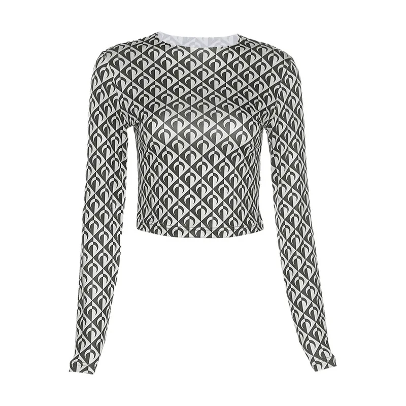 

Black Slimming Long-sleeved Round Neck T-shirts Fashion Printing Open Navel Short Tops Autumn All-match Women Clothes Streetwear