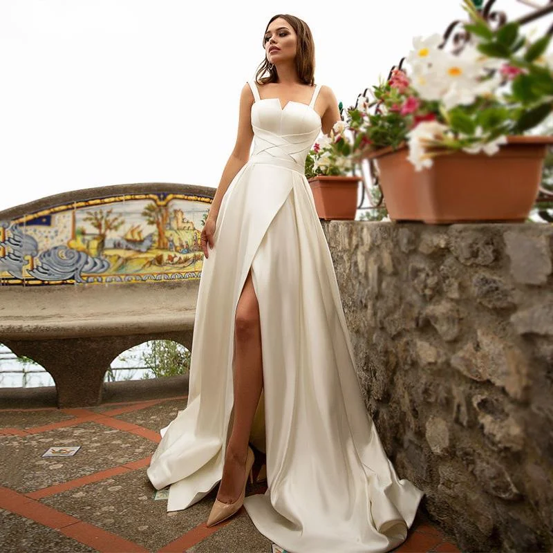 

Bohemia Satin Wedding Dresses Simple Sexy High Split Beach Bride Gown Corset Princess Wedding Party Dress 2021 Vestido De Noiva