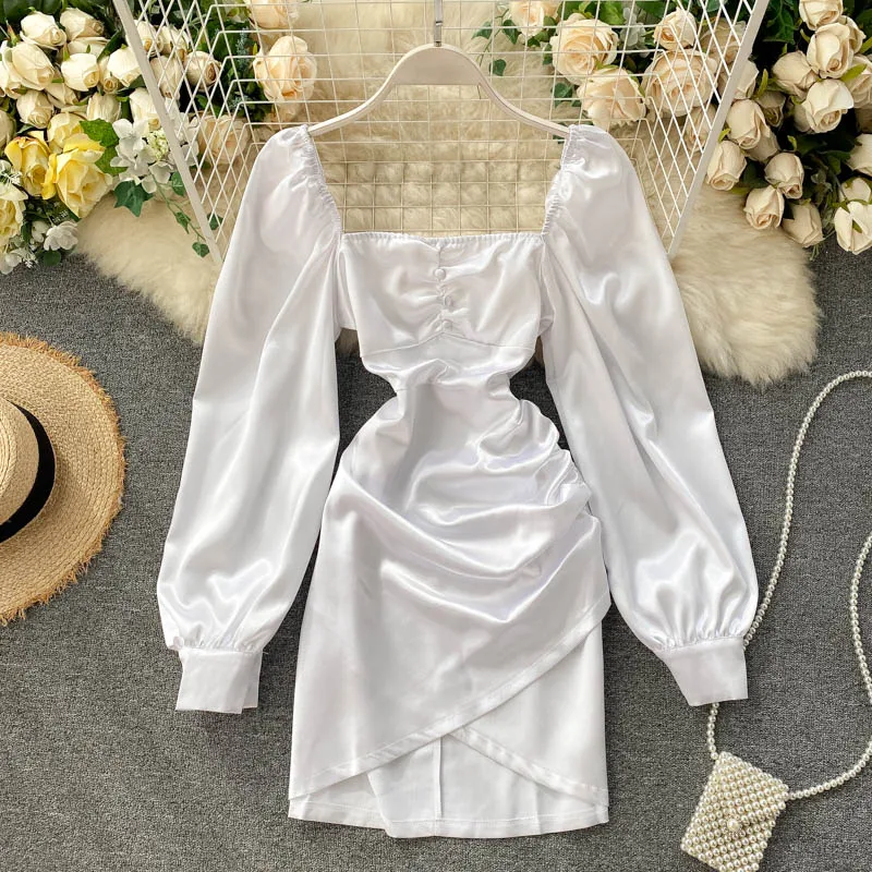 

Sutimine 2021 Women Dress Elegant Long Sleeve Low Neck Party Pink White Dress Chic Pleated Mini Dress Korean Style Lady Dress