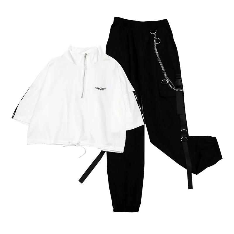 

Women's Cargo Pants Buckle Ribbon Pocket Jogger Elastic Waist High Streetwear Harajuku Pant Chain Females Two Piece Pants