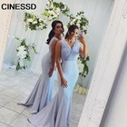 Женское длинное атласное платье-русалка, светло-голубое платье подружки невесты без рукавов с V-образным вырезом, вечернее платье для свадьбы, 2021