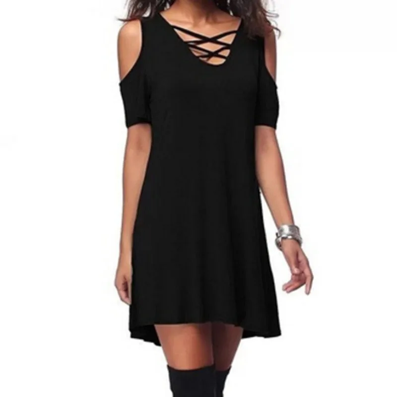 Женское мини-платье с открытыми плечами свободное платье-туника длинными