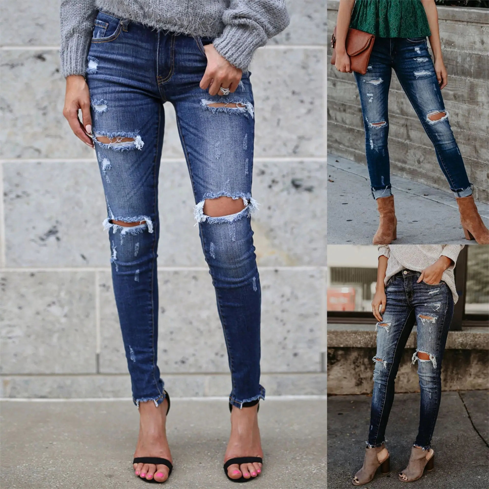 

Women Denim Skinny Trousers High Waist Jeans Destroyed Knee Holes Pencil Pants Trousers Stretch Ripped Boyfriend Female