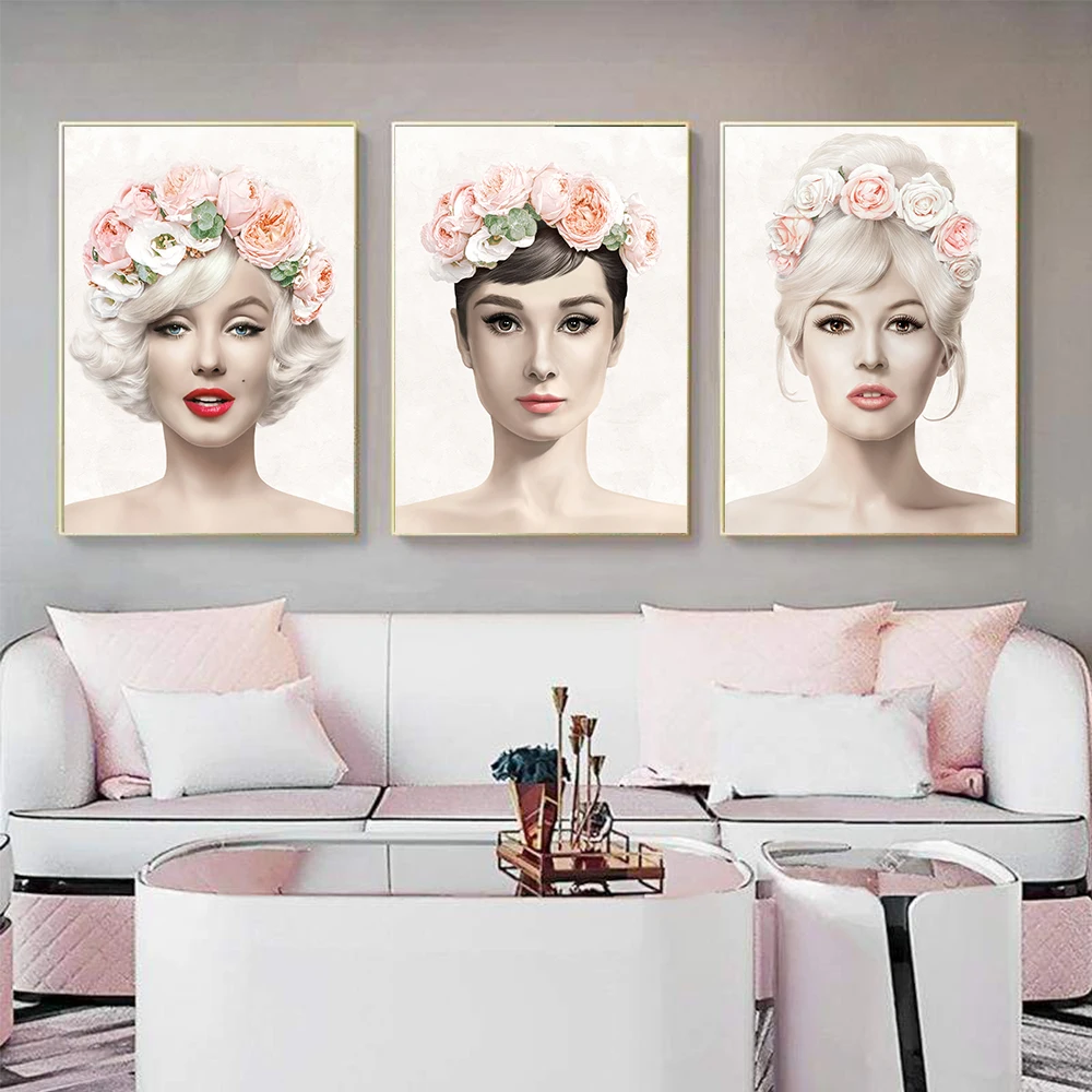 

Audrey Hepburn Famous Star Posters Marilyn Monroe Wall Art Canvas Painting Pink Flower Pictures for Living Room Home Decor