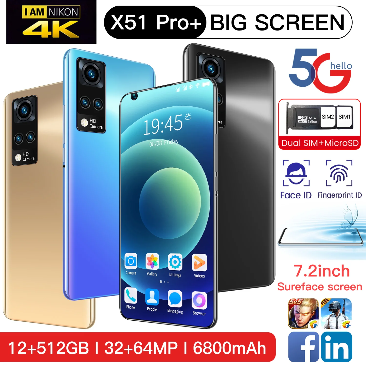 

Latest Smartphone X51 Pro+ 7.2 Inch HD Screen Smart phones Android 10.0 12GB RAM 512GB ROM Unlocked Dual Sim Mobile Phones
