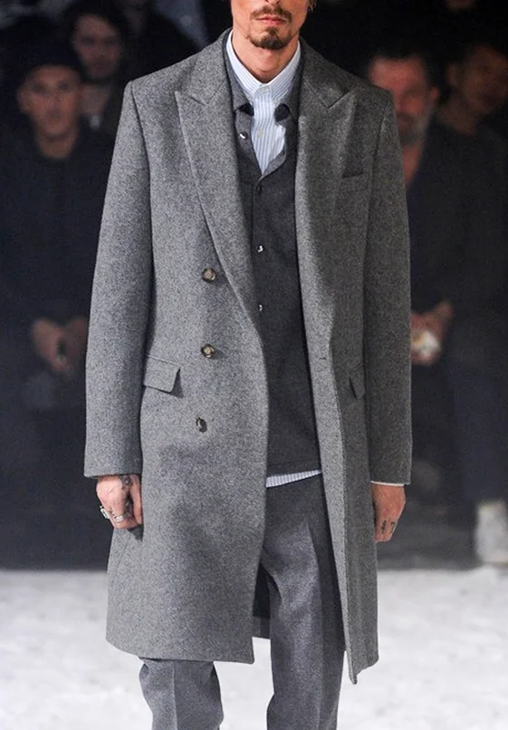 Мужское шерстяное пальто облегающий двубортный Тренч средней длины в