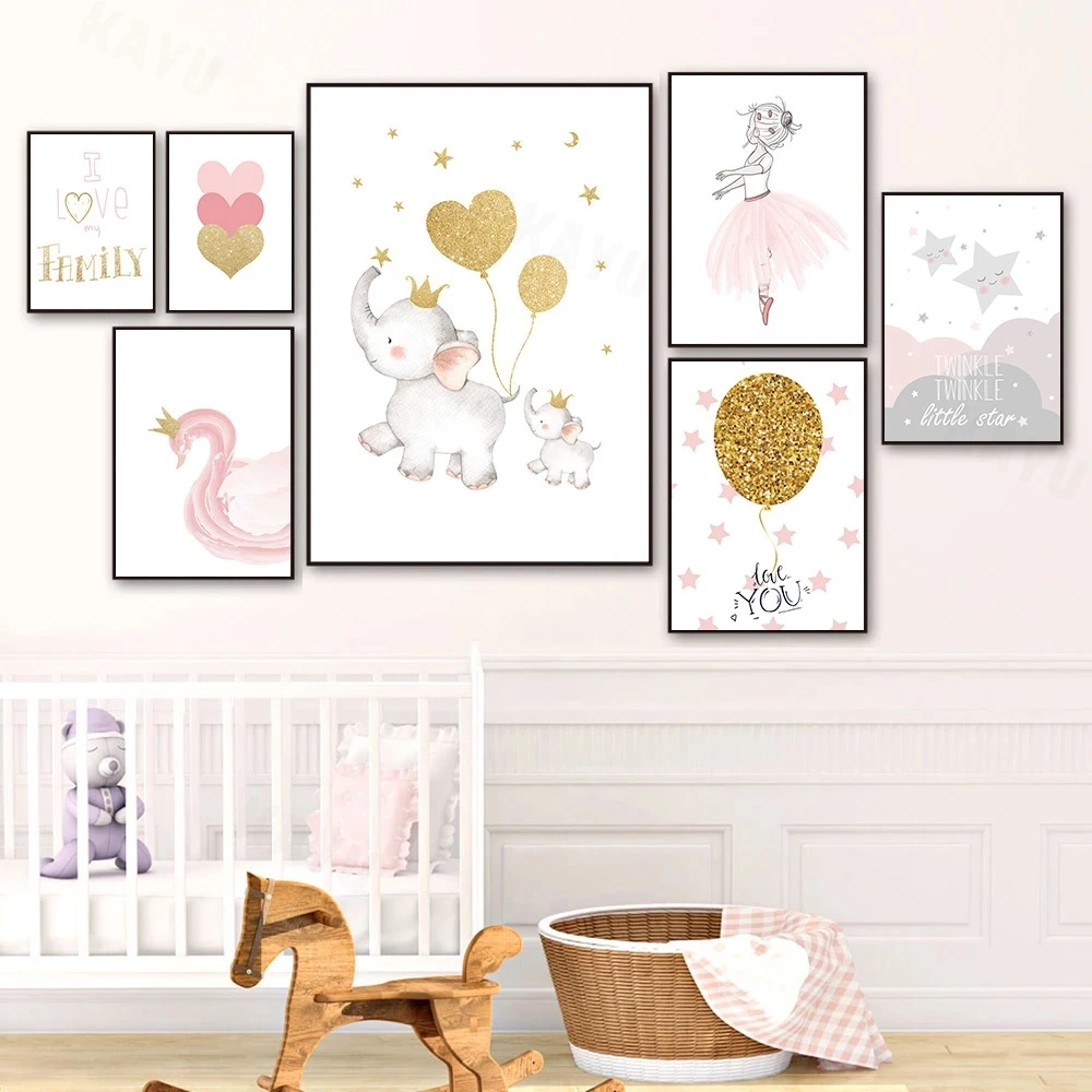 

Swan Canvas Painting Ballet Wall Art Poster Nursery Print Balloon Elephant Poster Pink Star Nordic Wall Pictures Girl Room Decor