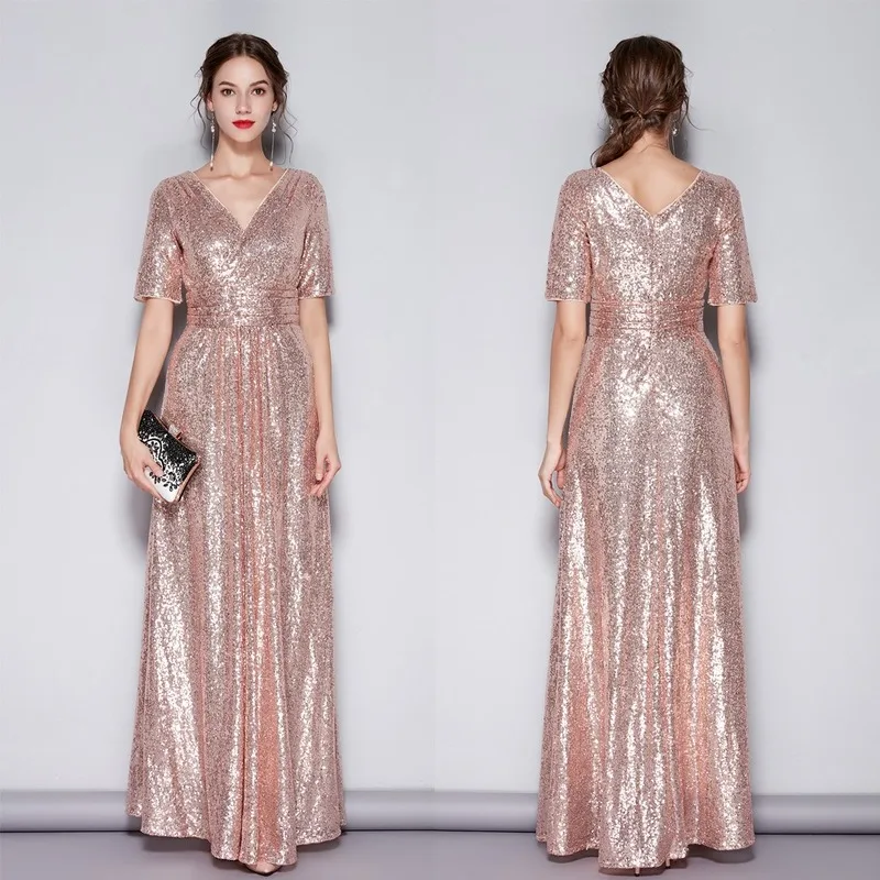 Вечернее платье с блестками розовое золото v образный вырез блестки тонкое