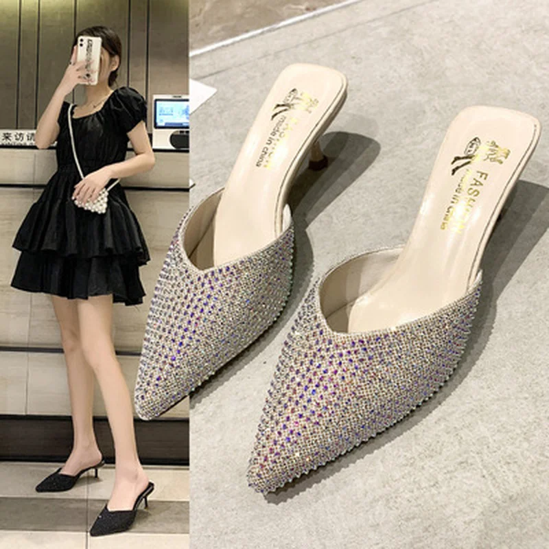 

Knitted Elastic Mesh slippers women 2021Summer shoes women Fashion Pointed Toe Slides Spike Heels Beige female