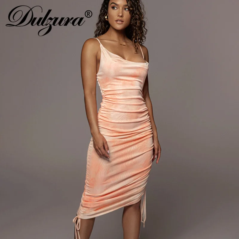 

Dulzura 2021 Summer Women Tie Dye Strap Midi Dress Drawstring Ruched Bodycon Sexy Streetwear Party Club Elegant Slim Y2K Clothes