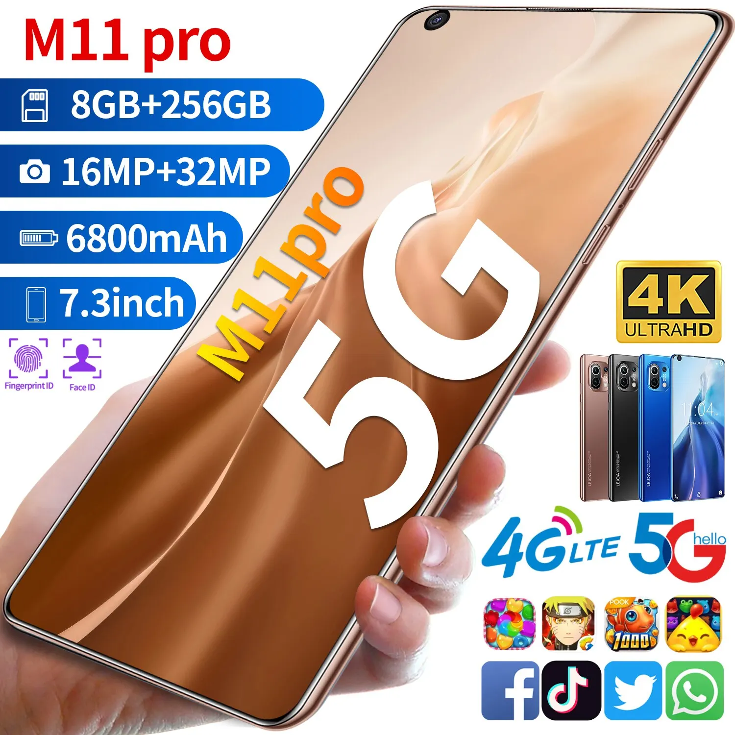 

M11 Pro 7.3 Inch 16 + 32mp Global Cell Phone 5g Lte Deca Core Bands 6800mah 8gb + 256gb Smartpones Mtk6889