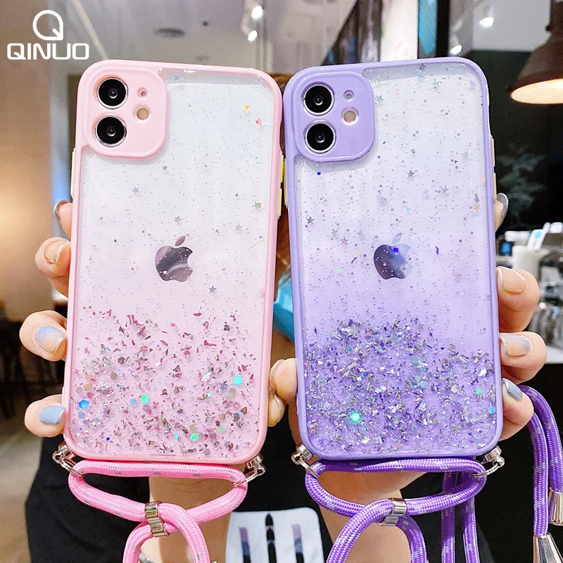 Блестящий чехол с блестками и ремешком для iPhone 12 11 Pro Max X XR XS 7 8 6 S Plus блестящий