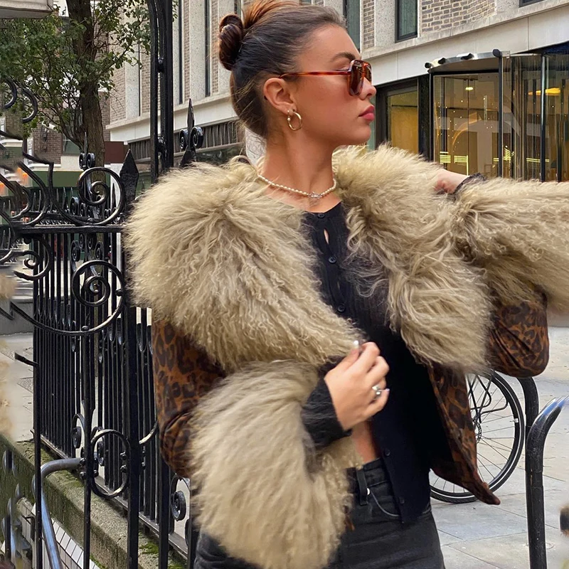 

Fur Trim Leopard Jackets Y2K Coats Women Vintage Grunge High Street Outwear Button Up Elegant Fashion Autumn Jacket