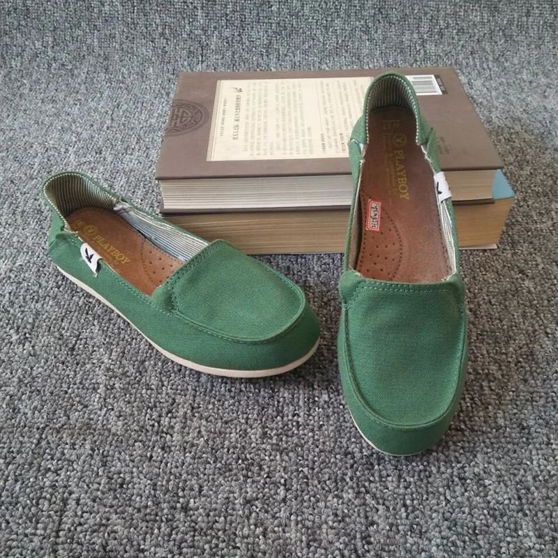 Женская обувь Лоферы Зеленые парусиновые туфли на плоской подошве Сезон весна