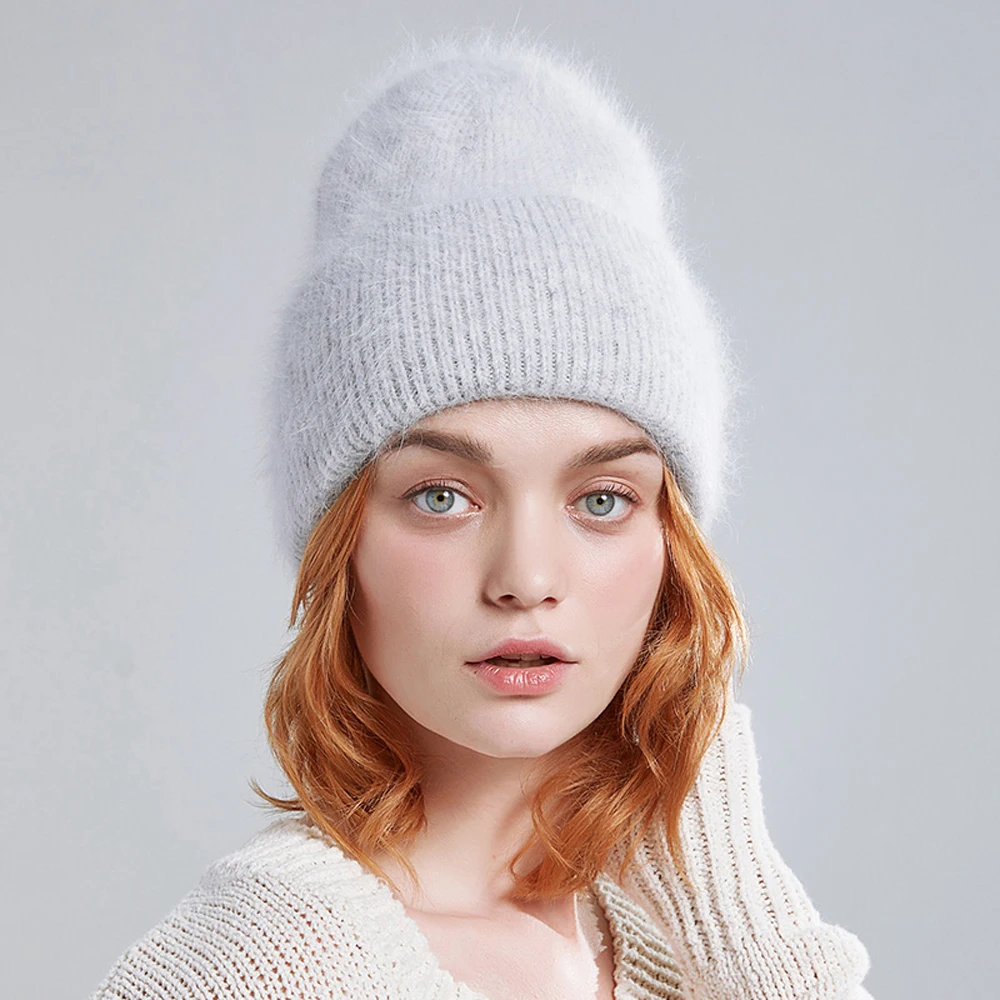 

Warm Long Winter hats women rabbit fur hair female caps fashion solid colors cap wide cuff young style beanies