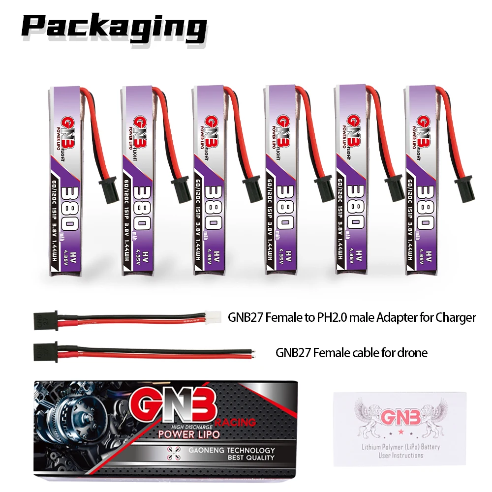 6PCS GAONENG GNB 1S 380mAh 3.8V 60C/120C HV Lipo Battery With GNB27 High Current Discharge Plug For FPV RC Tiny Whoop Drone