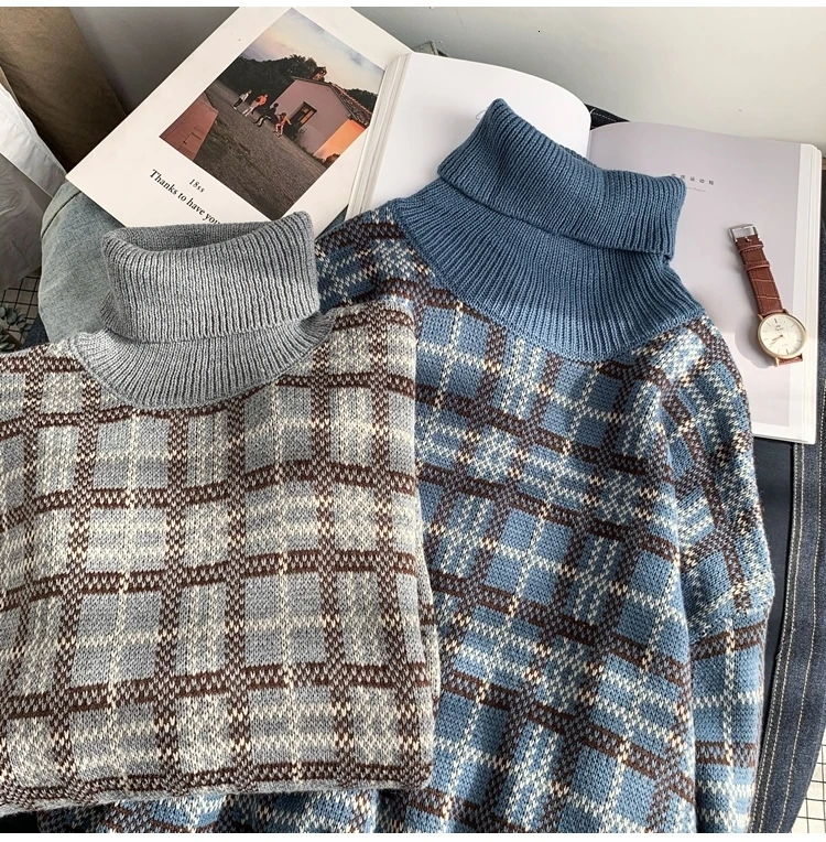 Winter Turtleneck Sweater Men's Warm Fashion Casual Retro Knit Pullover Men Streetwear Plaid Sweater Male Sweter Clothes