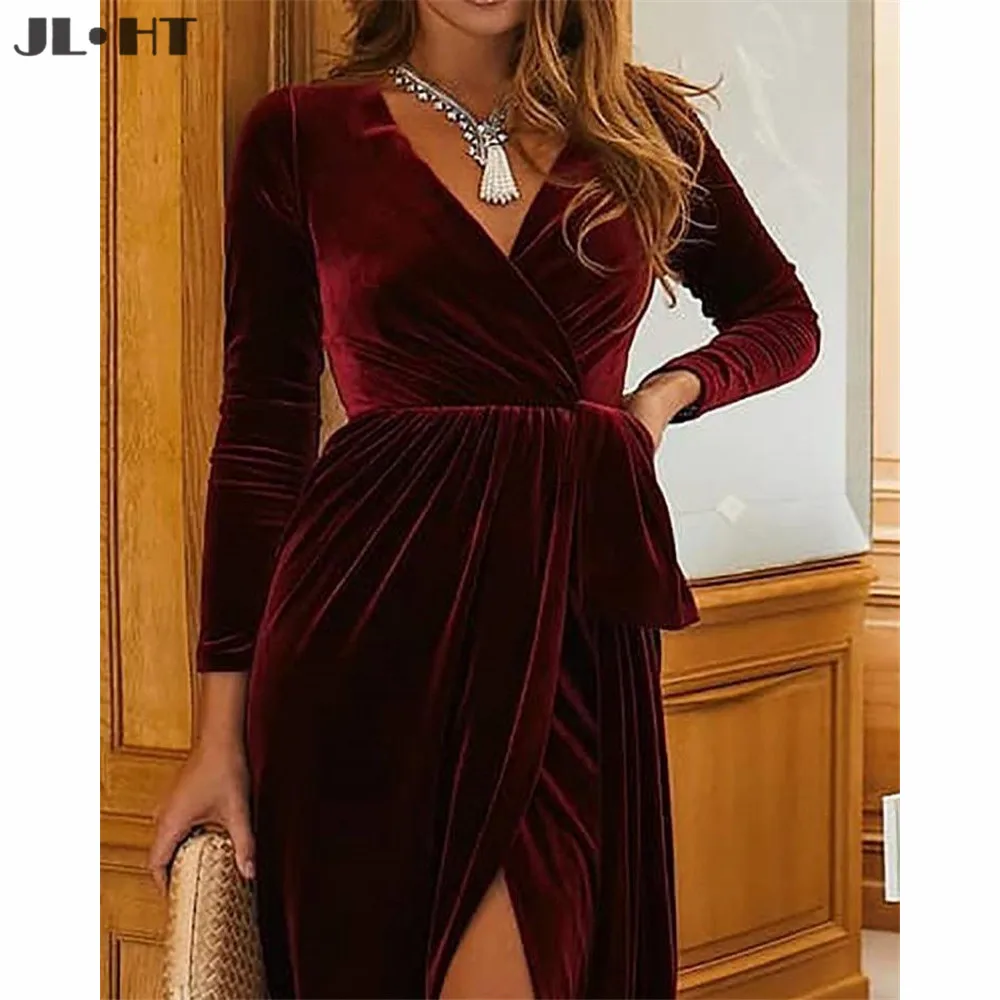 A-Line Burgundy Evening Dresses Prom Gown Long Sleeve Front Slit Velvet Dress for Women Custom Made | Свадьбы и торжества