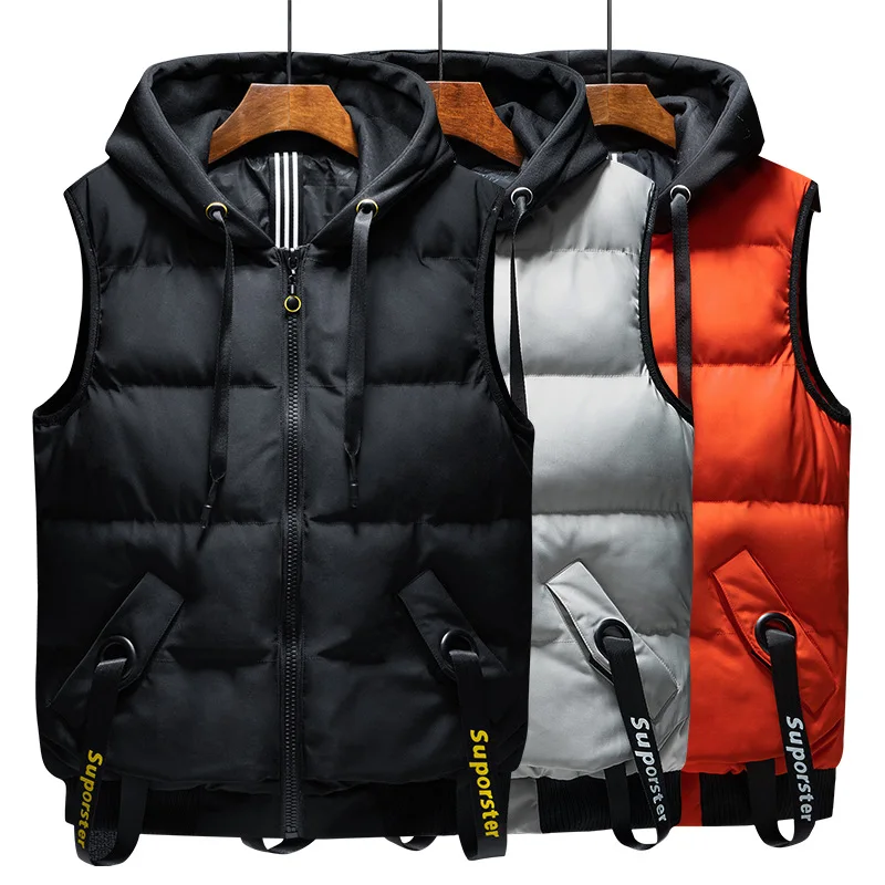 

2021 New Vest Men's Autumn And Winter Down Cotton Men's Work Clothes Vest Youth Leisure Loose Hooded Solid Color Trend