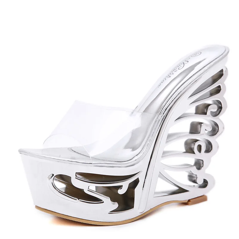 

New High Heels 15CM Slippers Sequins Women Slippers Sandals Wedge Hollow Casual Female Women Sandals Ladies Wedding Shoe A374