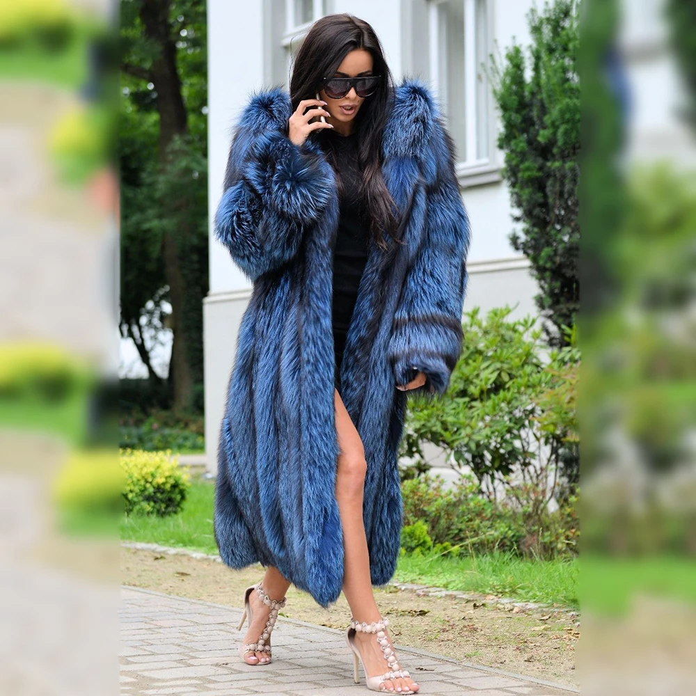 120cm Long Real Silver Fox Fur Coat With Hood High Quality 2022 New Winter Fashion Genuine Fox Fur Coat Luxury Woman Overcoat