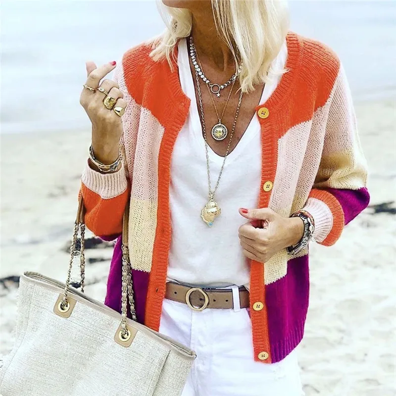 Женский свитер вязаная куртка осеннее пальто новинка 2019 Модные Полосатые