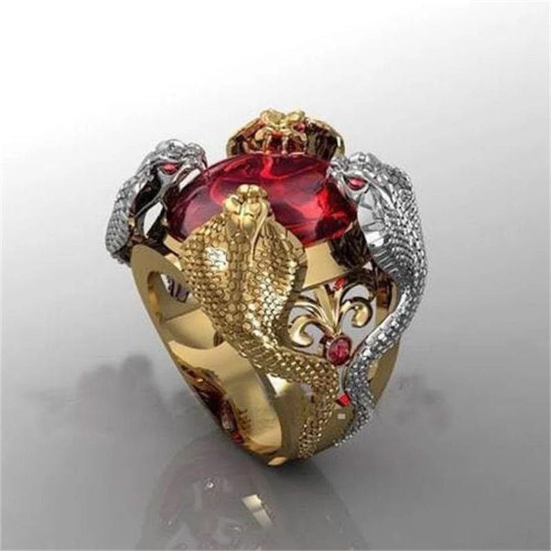 

European and American new fashion cobra crown inlaid ruby domineering ring retro trend punk ring nightclub party jewelry gift