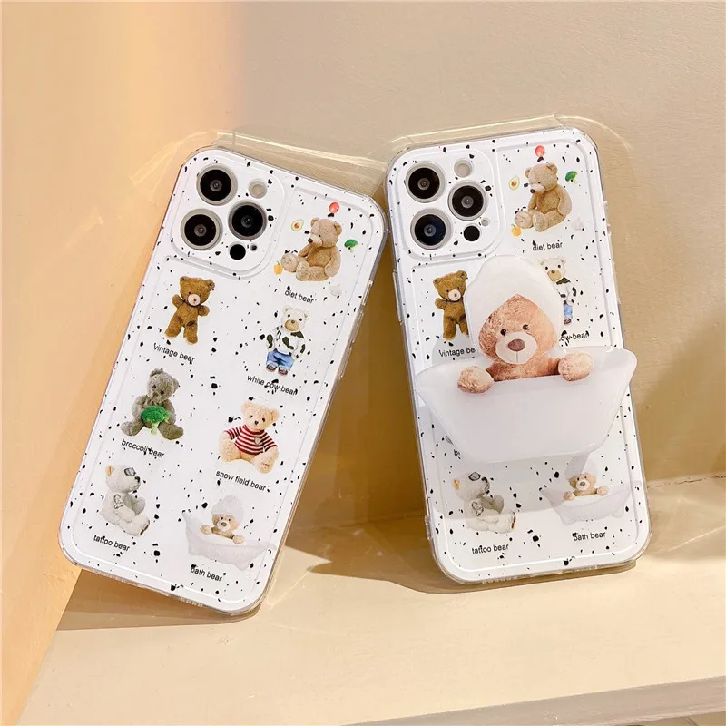 

Korea Cartoon Doll Bear Stand Holder Phone Case For Iphone 11 12 13 Pro XR X XS Max 7 8 Plus SE2 Wave Point Soft Silicone Cover