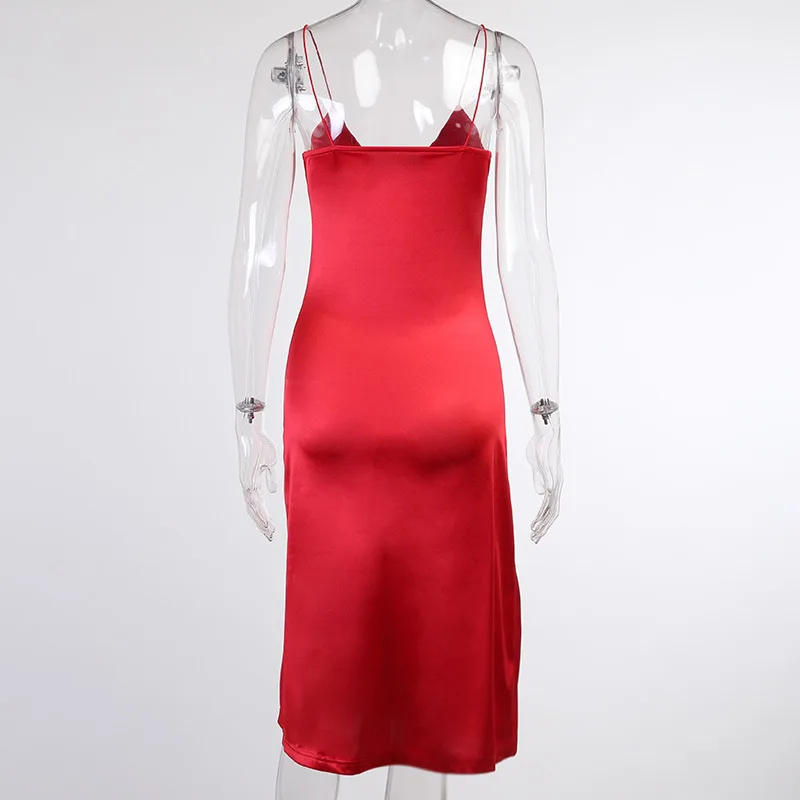 

Mandylandy Summer Backless Sleeveless Spaghetti Strap V-neck Irregular Dress Women's Sexy Solid Color Slim Fit Slit Dress