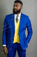 mens royal new blue slim fit 3 pieces fashion suit yellow double breasted vest tuxedos for men wedding suit best man blazer