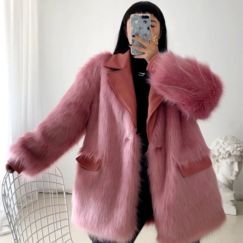 Fur V-Neck Fashon Coat Women Fluffy Warm Long Sleeve Female Outerwear Autumn Winter Jacket Collarless Overcoat | Женская одежда