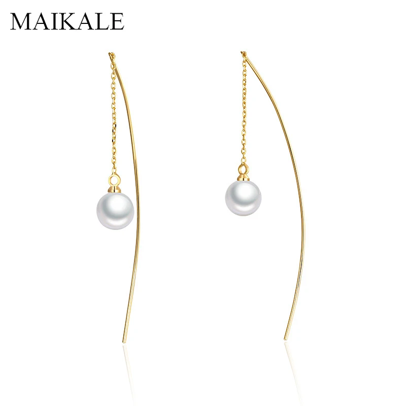 Женские длинные серьги капельки MAIKALE трендовые металлические с жемчужинами 8 мм