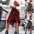 Юбка-миди женская с леопардовым принтом, винтажная длинная ассиметричная Повседневная красная юбка с завышенной талией и оборками, на осень-зиму