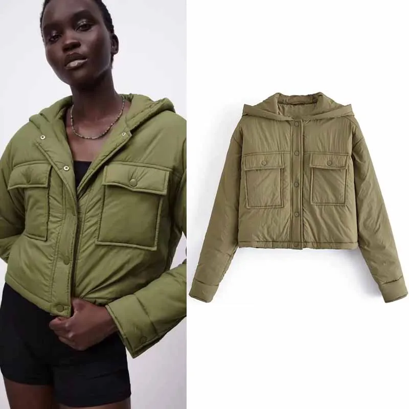 Женская парка с капюшоном Za зимняя утепленная короткая куртка на пуговицах