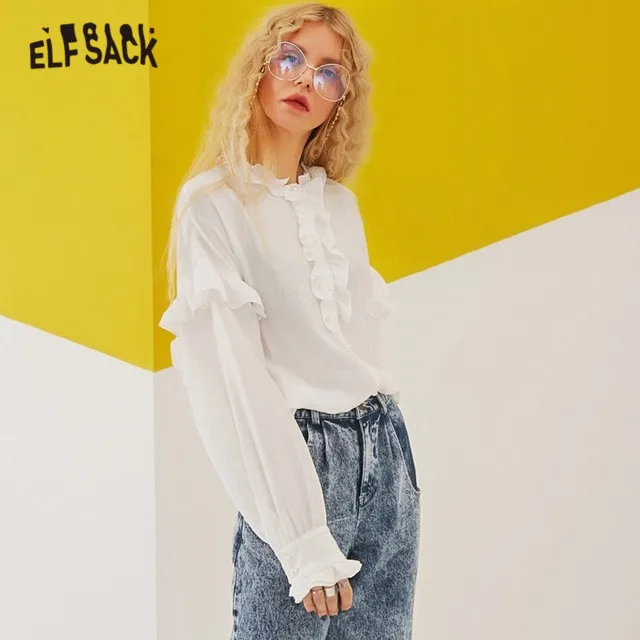ELFSACK стильные весенние женские рубашки с грибковым краем, повседневные женские однотонные свободные винтажные элегантные рубашки с длинным рукавом, шикарные топы