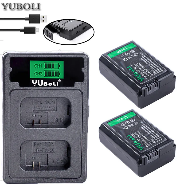charger and 2battery 4 шт. 2000 мА/ч, NP-FW50 NP FW50 Батарея+ светодиодный USB двойной Зарядное устройство для sony Alpha a6500 a6300 a7 7R a7R a7R II a7II NEX-3 NEX-3N NEX-5 - Цвет: charger and 2battery