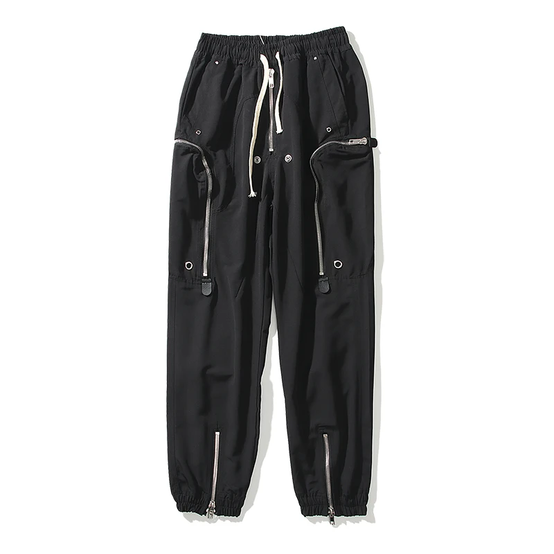 

High Street Zipper Multi-pockets Black Overalls Men and Women Drawstring Oversize Loose Casual Track Pants Hip Hop Trousers