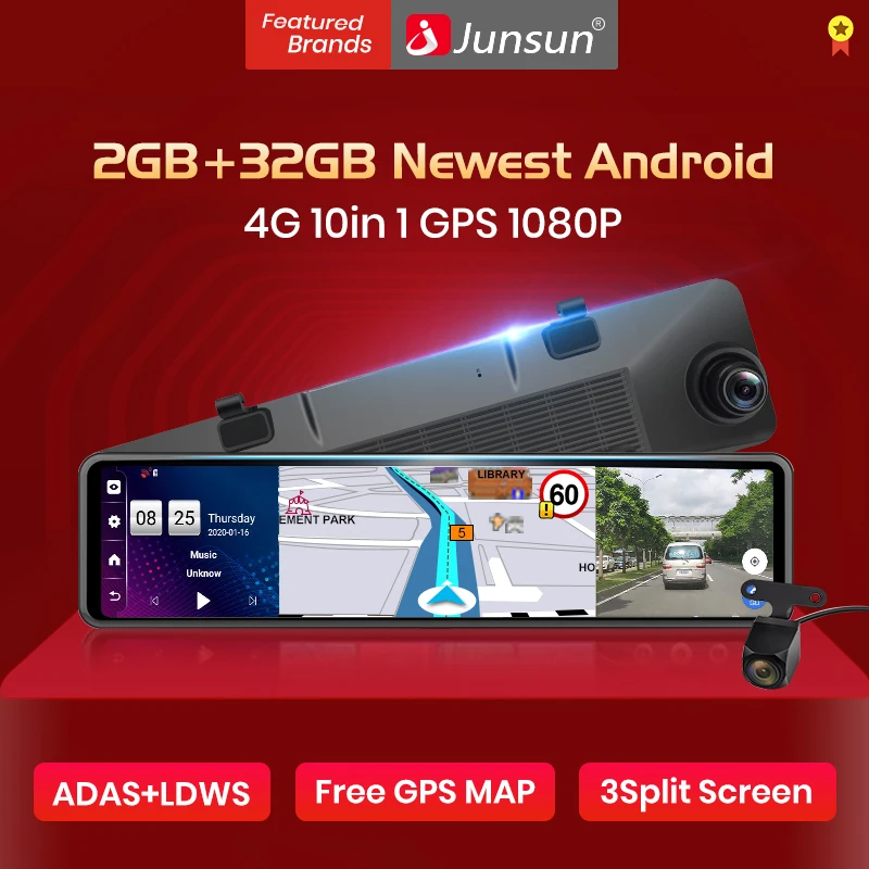 Junsun 12 дюймов 2 ГБ 32 ADAS 4G Android 8.1 Умное зеркало заднего вида Авто регистратор