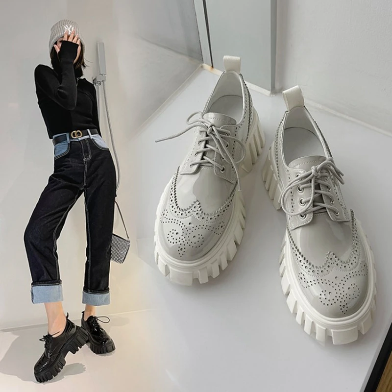 

2021 Spring/Autumn Women Shoes Round Toe Lace-up Genuine Leather Flats Ladies Shoes Platform Casual Shoes for Woman Brogues
