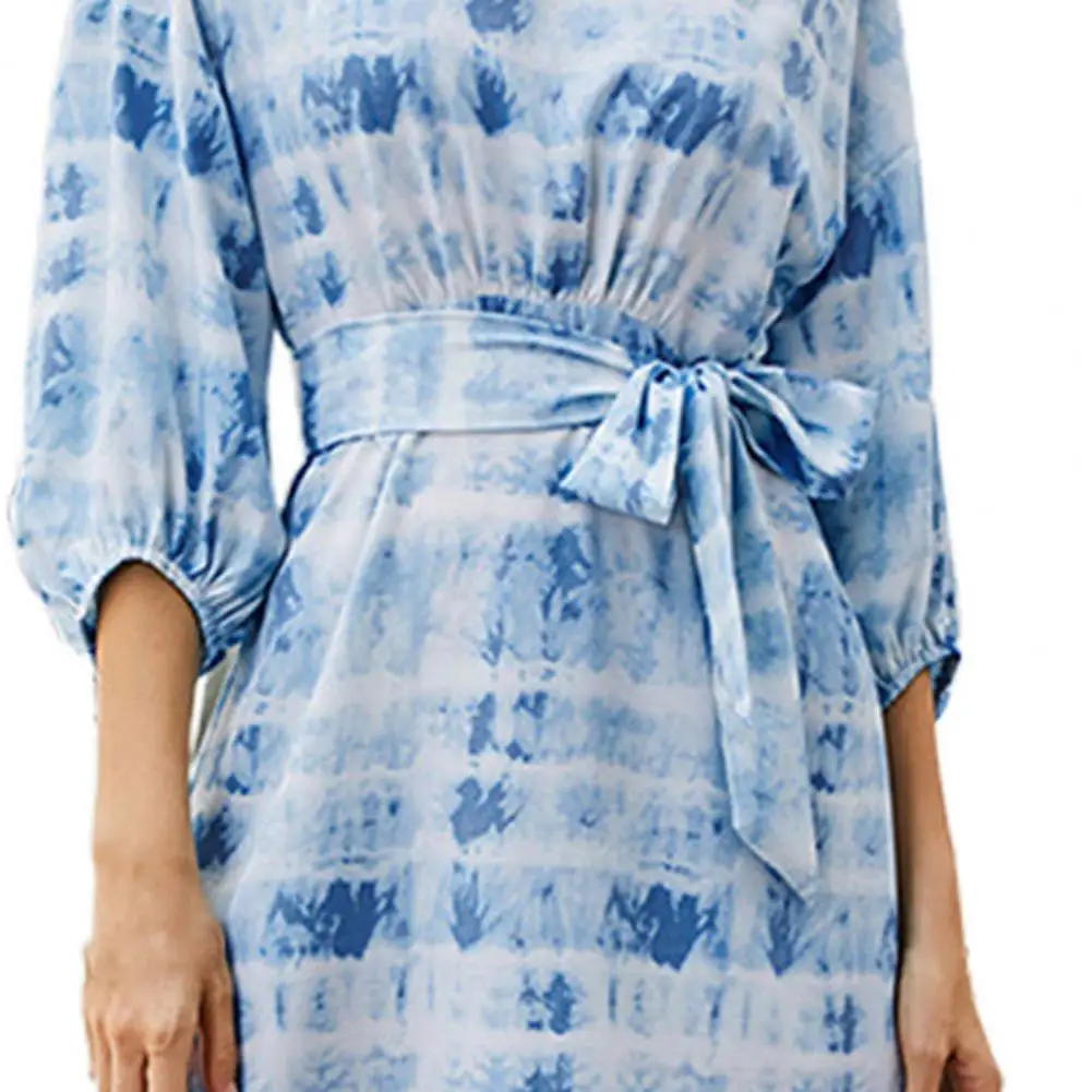 

Women's Fashion Summer Casual O-neck Mid Sleeve Loose Bandage Tie-dye Printing Dress Women Dresses Free Shipping Lady Dresses