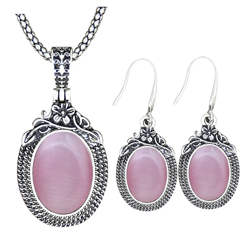 Pink Opal Винтажный комплект из ожерелья и сережек с аметистом, винтажный комплект из натурального камня, кварца, Модный женский комплект TS574 - Окраска металла: Pink Opal